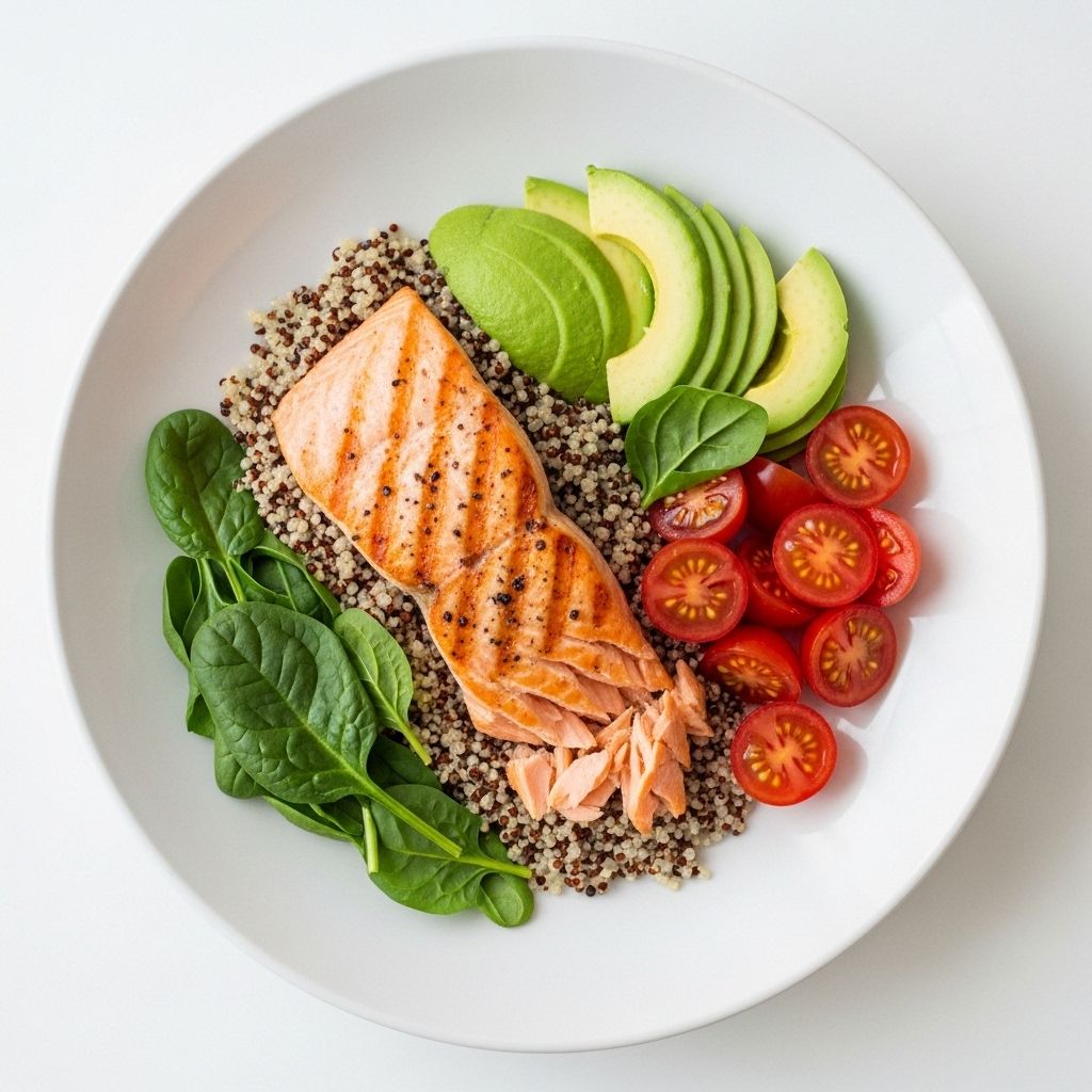 Elegancka kompozycja zrównoważonego talerza z grillowanym łososiem, quinoa, awokado, pomidorkami cherry i zielonymi liśćmi szpinaku, fotografowana z góry na białym tle
