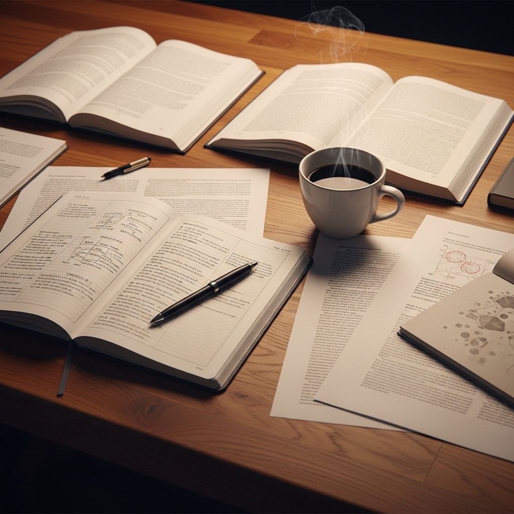 Otwarte notatniki i zeszyty naukowe rozłożone na szerokim drewnianym biurku obok pióra i filiżanki kawy, ciepłe nastrojowe światło, widok z lotu ptaka, atmosfera skupionej pracy intelektualnej