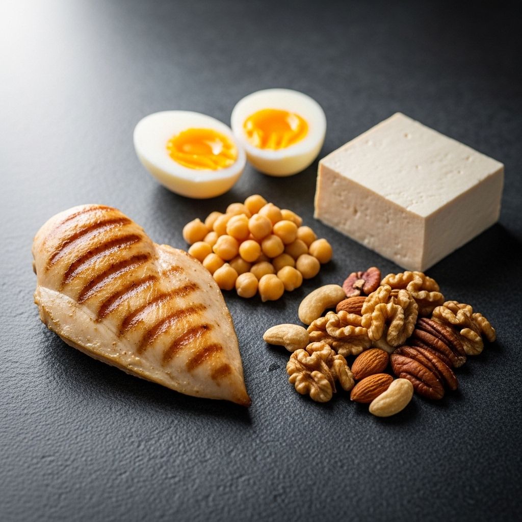 Selekcja produktów bogatych w białko: grillowany filet z kurczaka, gotowane jajka, ciecierzyca, tofu i orzechy prezentowane na kamiennym blacie w naturalnym świetle