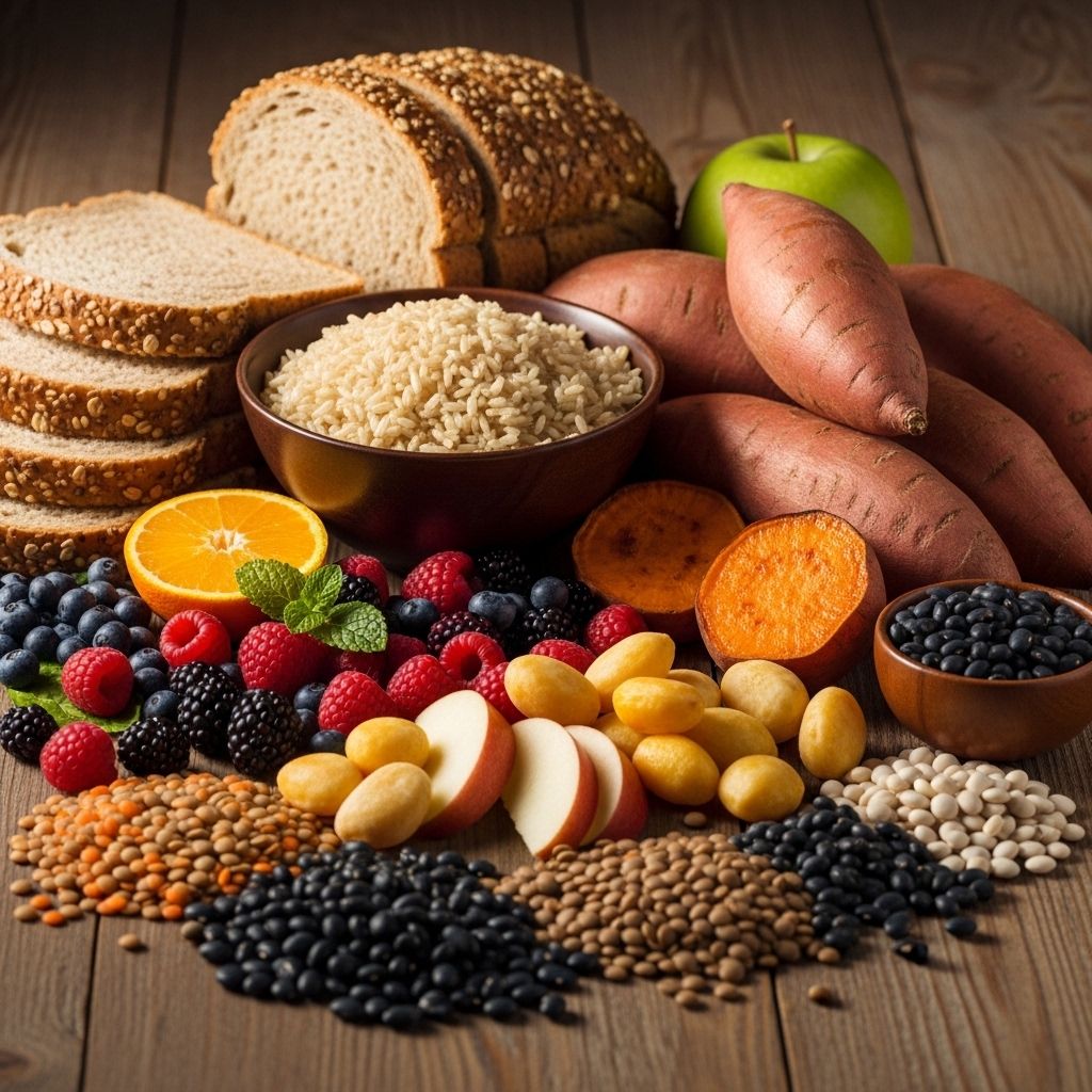 Różnorodne produkty zawierające węglowodany: pełnoziarnisty chleb, brązowy ryż, bataty, owoce i rośliny strączkowe ułożone na rustykalnym drewnianym stole w ciepłym świetle