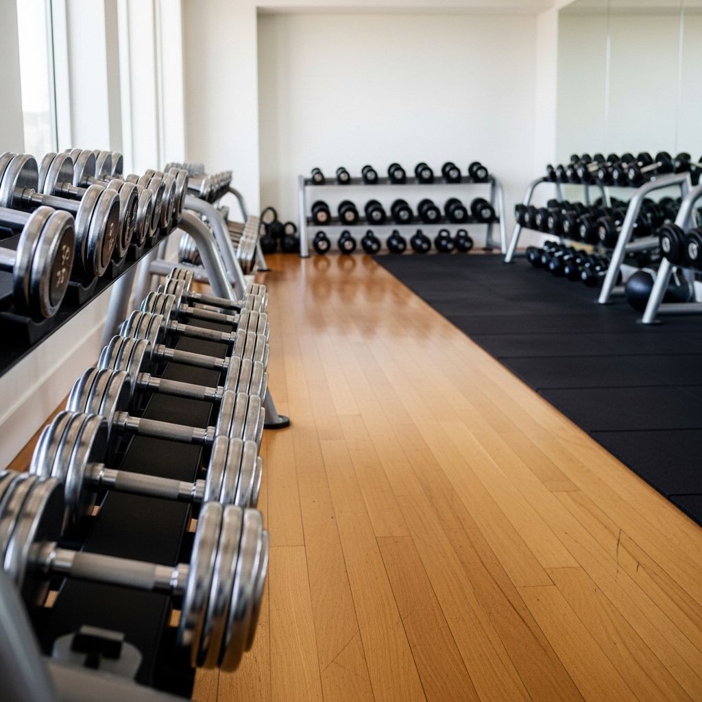 Jasno oświetlona, minimalistyczna sala treningowa z żelaznymi hantlami na drewnianej podłodze, gumowymi matami i stalowymi stojakami, bez osób, spokojna i uporządkowana atmosfera