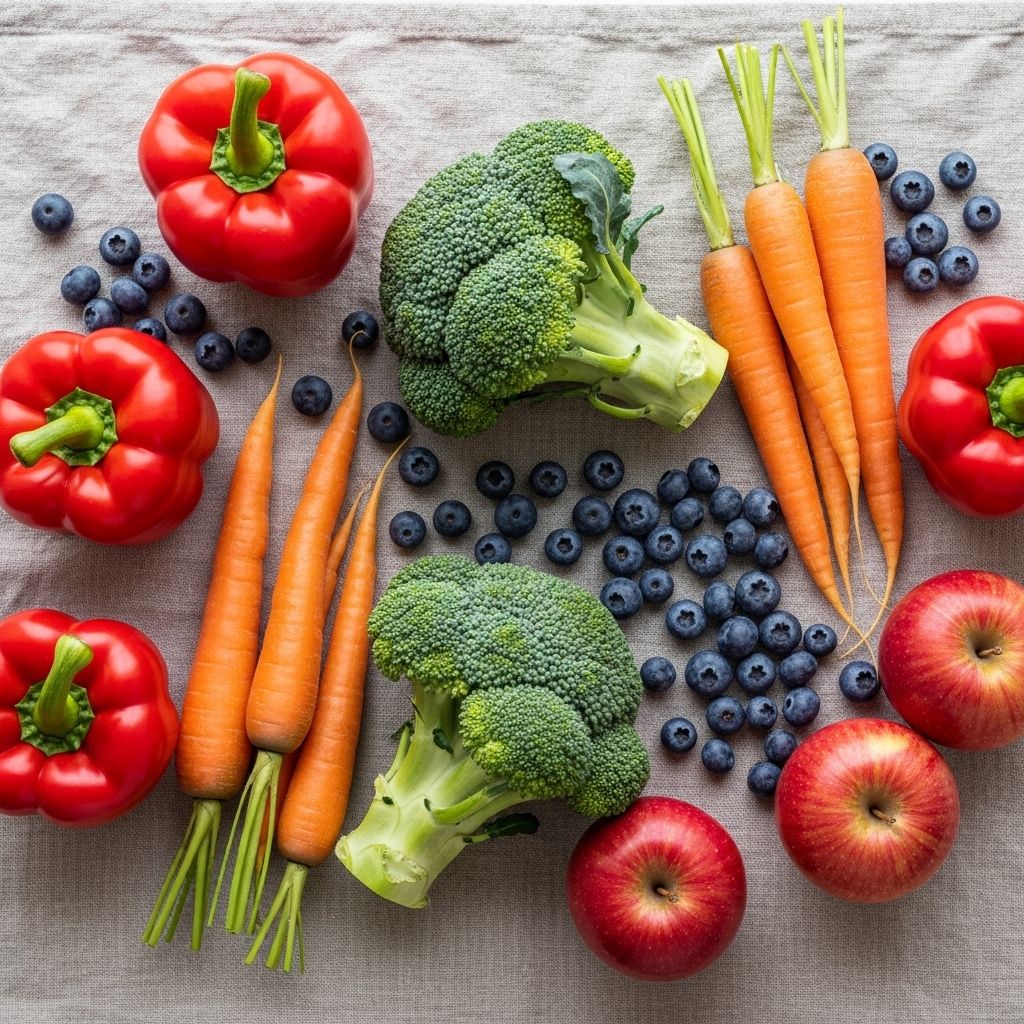 Bogata, kolorowa kompozycja różnorodnych warzyw i owoców: czerwona papryka, brokuły, marchew, jabłka i borówki rozłożone na naturalnym lnianym tle, widok z góry, jasne naturalne oświetlenie