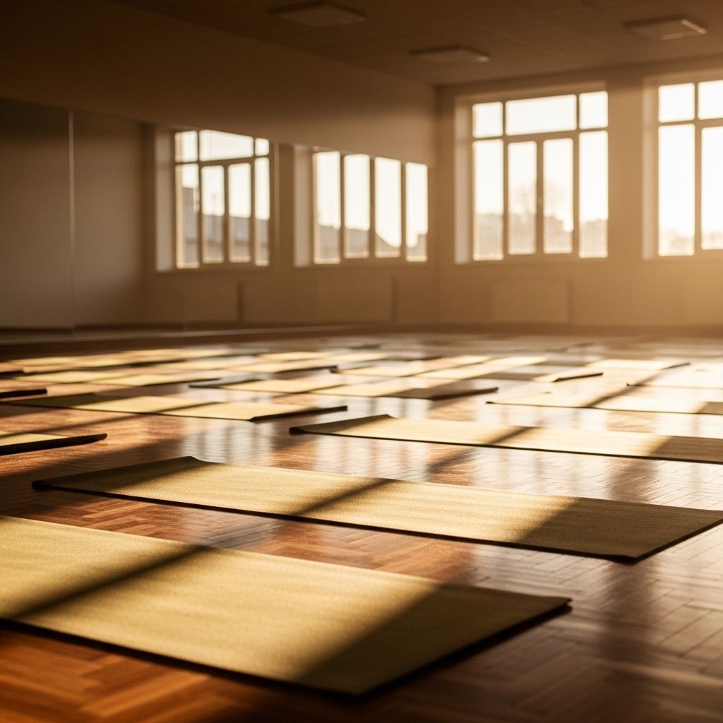 Jasna, przestronna sala do jogi z parkietową podłogą i dużymi oknami, na których widać maty do ćwiczeń ułożone w rzędach, ciepłe naturalne światło wpada przez okna